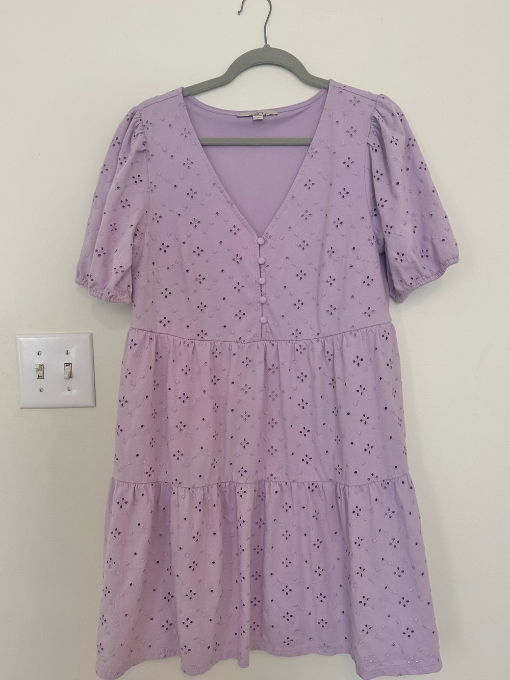 LOFT Lilac Eyelet V-Neck Tiered Mini Dress